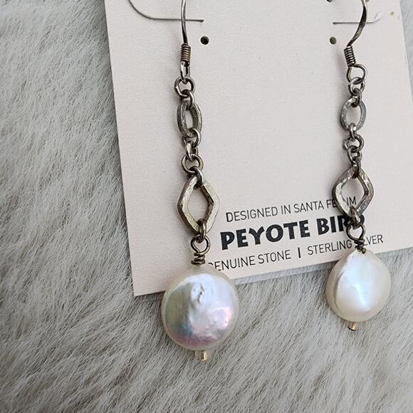 Peyote Bird Sterling Silver White Pearl Dangle Hoop Earrings NEW - Picture 6 of 9